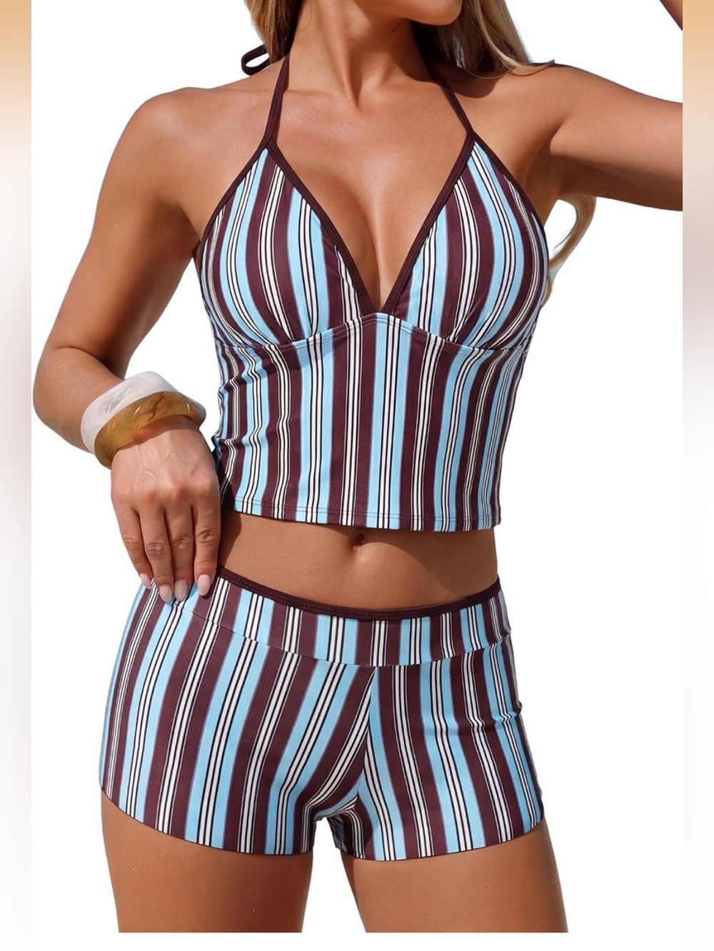 Tankini Swimsuits V Neck Halter Top W/ Boyshorts Bottom Tummy Control 1872/bb6-1